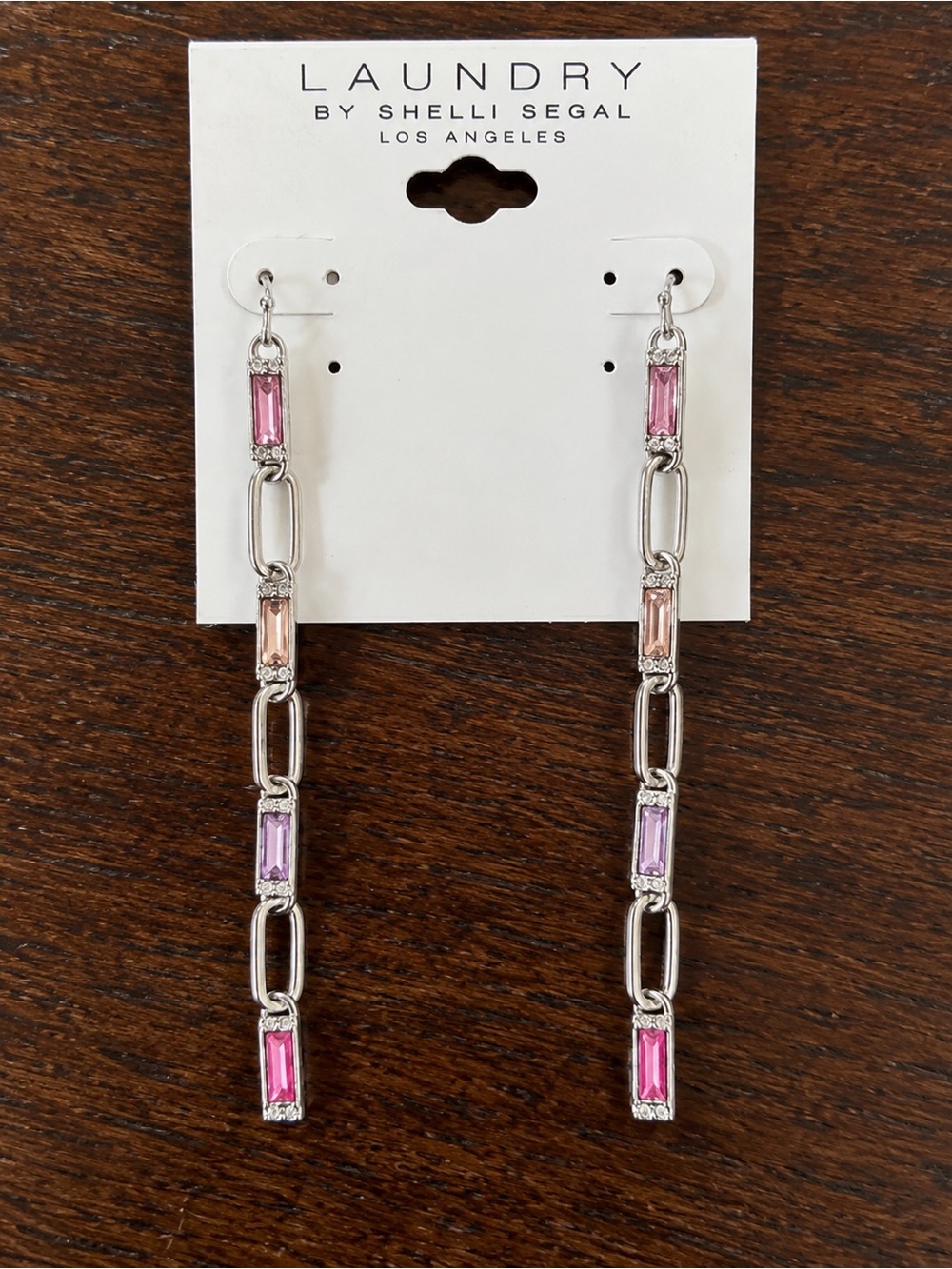 Laundry by Shelli Segal Silver Tone Pink Crystal Chain Link Dangle Earrings 3”